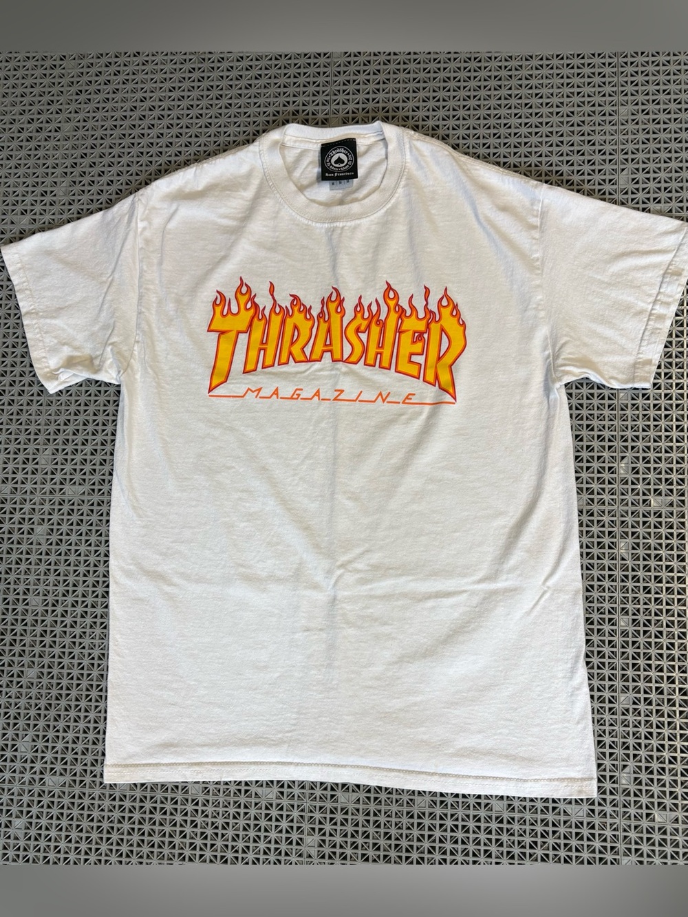 Thrasher White Tee with Orange-Yellow Flame Logo
